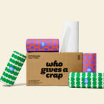 Box of twelve Who Gives a Crap paper towel with two rolls wrapped in colourful packaging sitting on top.