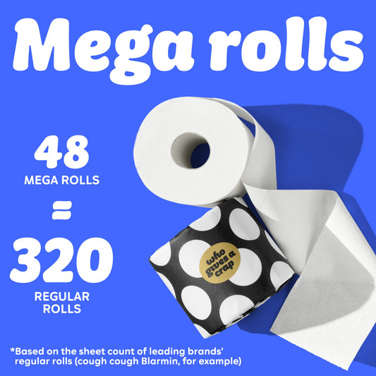 Graphic with blue background showing a toilet paper roll and black-and-white polka dot Who Gives A Crap packaging. Text reads: “48 Mega Rolls = 320 Regular Rolls.” Small text at the bottom says: “based on the sheet count of leading brands’ regular rolls (cough cough Blarmin, for example)”