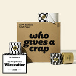 A large box of Who Gives A Crap 100% Bamboo Toilet Paper with black and white wrappers - eco-friendly, biodegradable and sustainable toilet paper. There is a badge stating "As Featured in The New York Times Wirecutter" 2025
